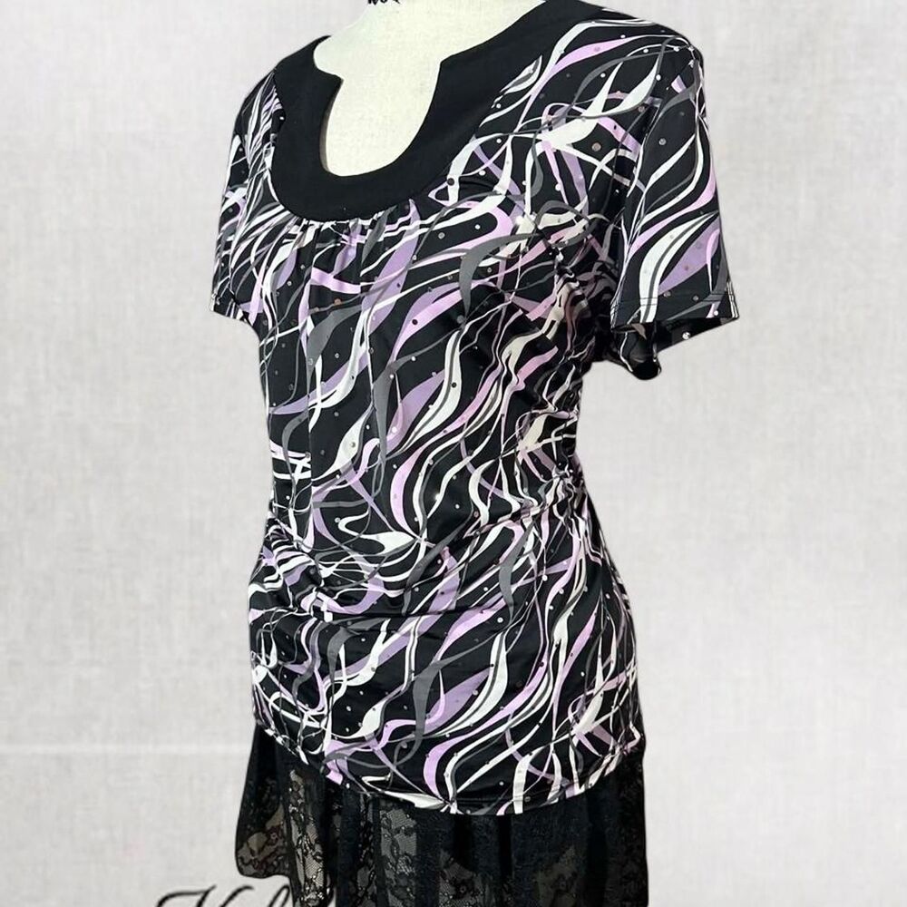 Fairycore Goth Black, Purple and White Patterned Short Sleeve Blouse - Picture 2 of 6